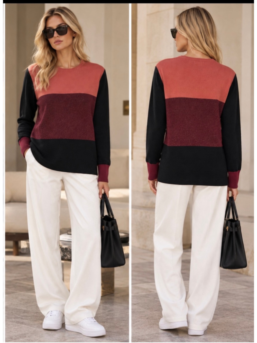 Neiman Marcus Cashmere Colorblock Sweater XL Black Burgundy Coral
